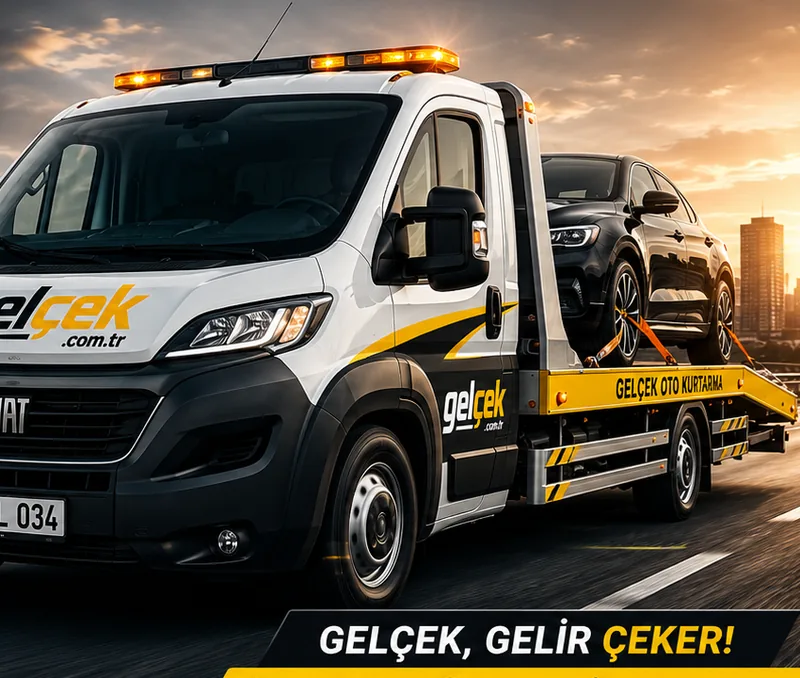 Gel Çek logolu oto kurtarıcı ve yüklü otomobil